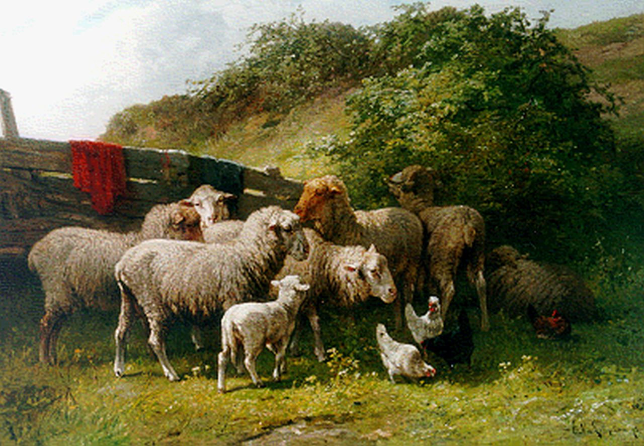 Leemputten C. van | Cornelis van Leemputten, Schapen en kippen bij het hek, olieverf op paneel 62,3 x 88,5 cm, gesigneerd rechtsonder en gedateerd '73 Leemputten C. van | Cornelis van Leemputten, Schapen en kippen bij het hek, olieverf op paneel 62,3 x 88,5 cm, gesigneerd rechtsonder en gedateerd '73