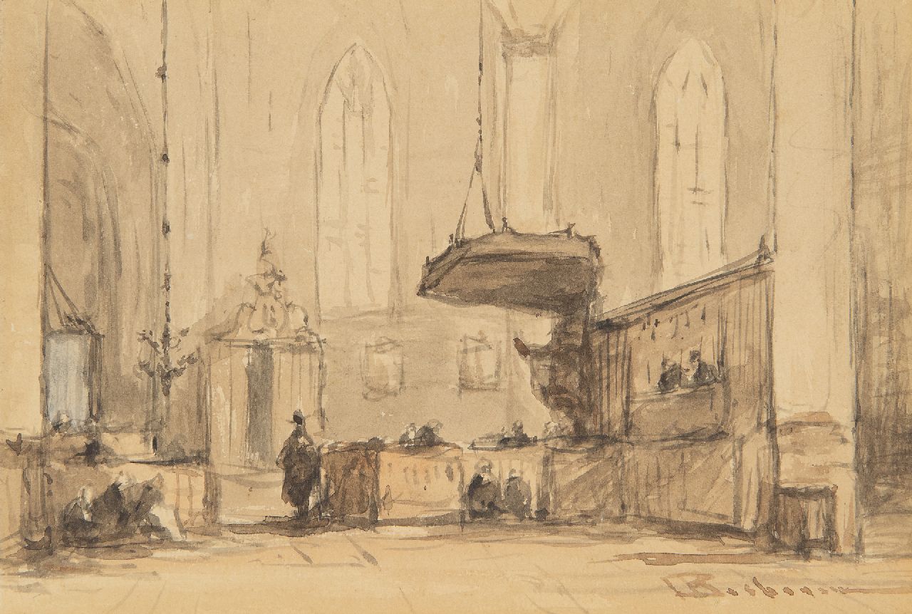 Bosboom J.  | Johannes Bosboom | Aquarellen en tekeningen te koop aangeboden | Interieur van de Grote Kerk te Alkmaar, aquarel op papier 12,1 x 18,2 cm, gesigneerd rechtsonder