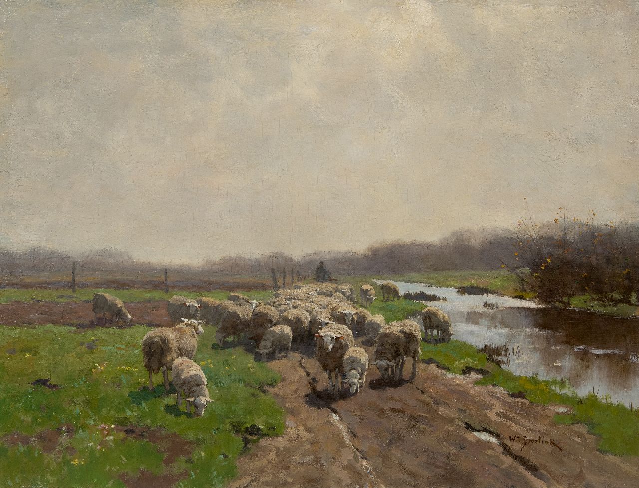 Steelink jr. W.  | Willem Steelink jr. | Schilderijen te koop aangeboden | Herder met schaapskudde, olieverf op doek 51,5 x 67,0 cm, gesigneerd rechtsonder