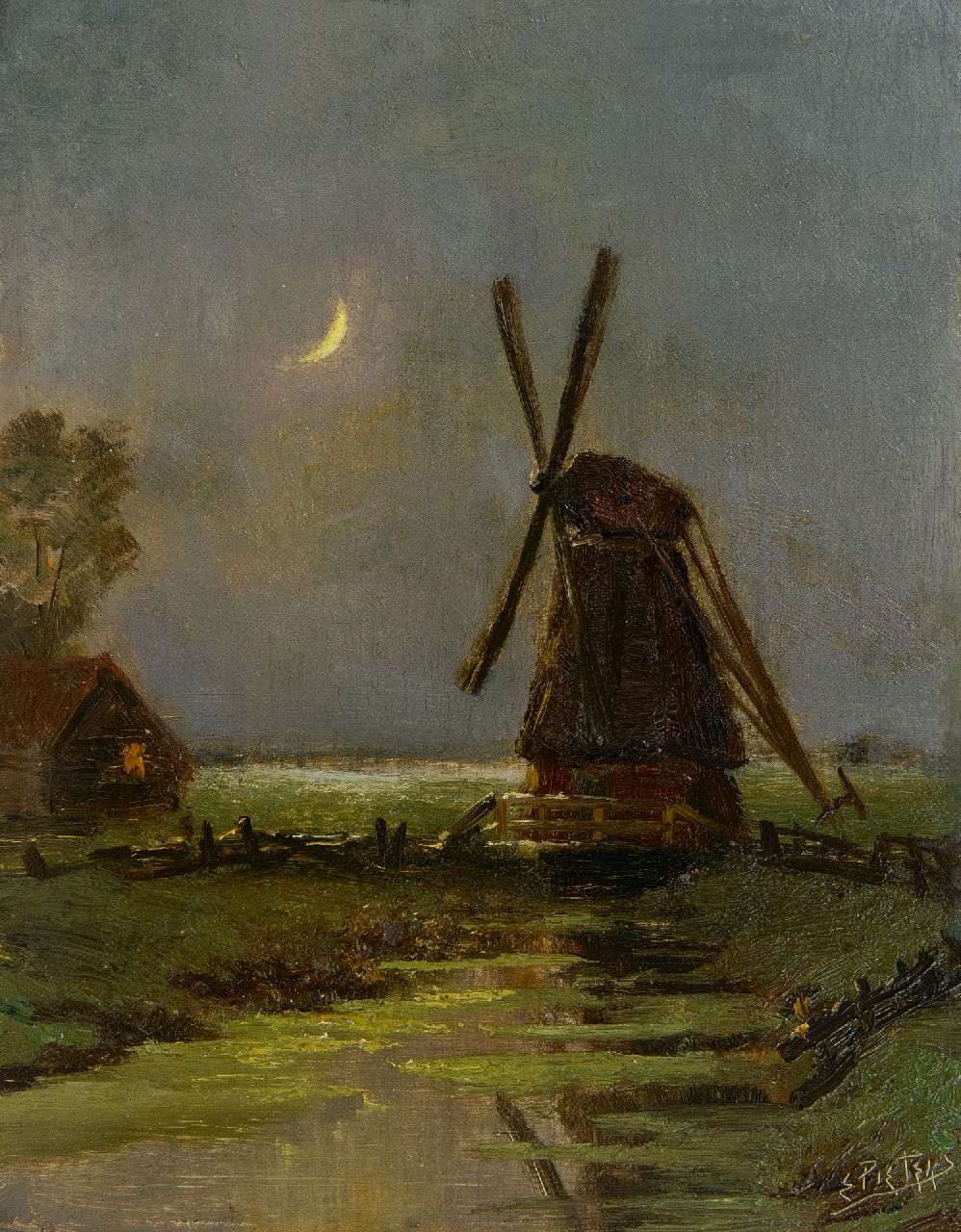 Pieters E.  | Evert Pieters | Schilderijen te koop aangeboden | Molen bij nacht, olieverf op paneel 24,6 x 19,0 cm, gesigneerd rechtsonder