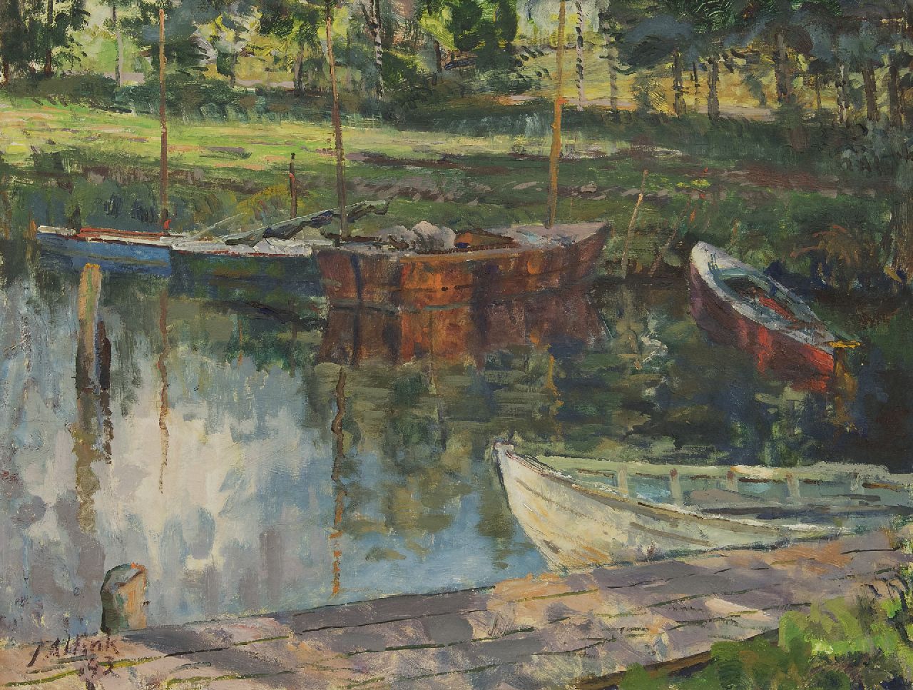 Altink J.  | Jan Altink, Aangemeerde bootjes bij het Paterswoldsemeer, olieverf op doek 60,8 x 80,6 cm, gesigneerd linksonder en gedateerd '43