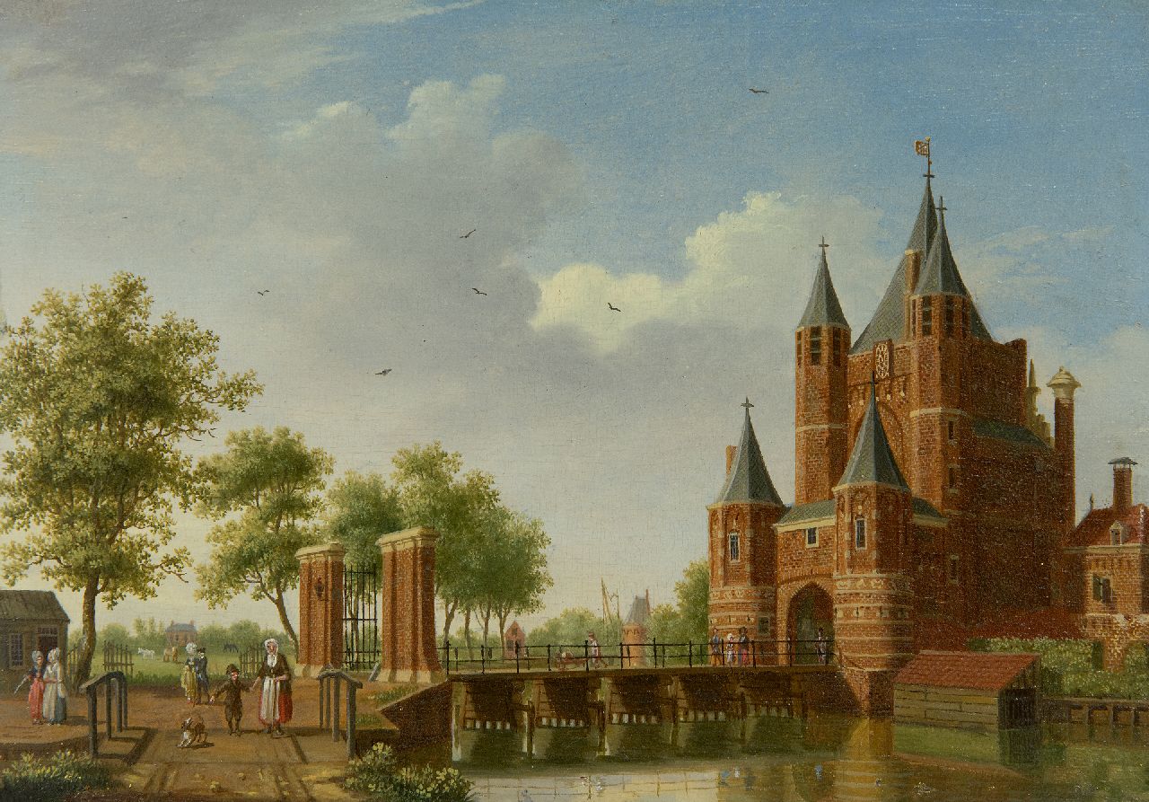 Ouwater I.  | Isaac Ouwater | Schilderijen te koop aangeboden | Gezicht op de Amsterdamse Poort in Haarlem, olieverf op paneel 13,8 x 19,6 cm, (prijs is per pendant, verkoop alleen tezamen)