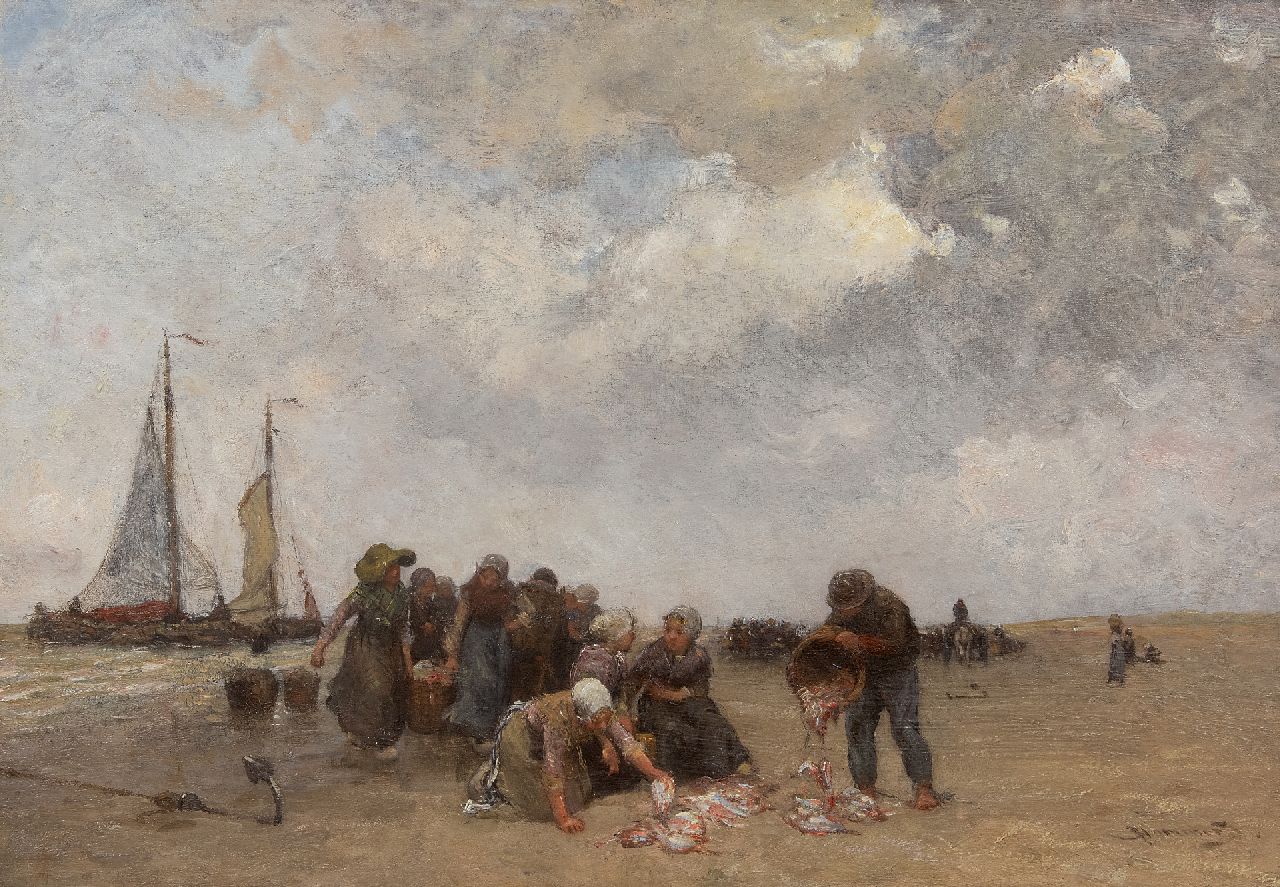 Blommers B.J.  | Bernardus Johannes Blommers | Schilderijen te koop aangeboden | Visverkoop op het strand van Scheveningen, olieverf op doek 39,5 x 58,0 cm, gesigneerd rechtsonder