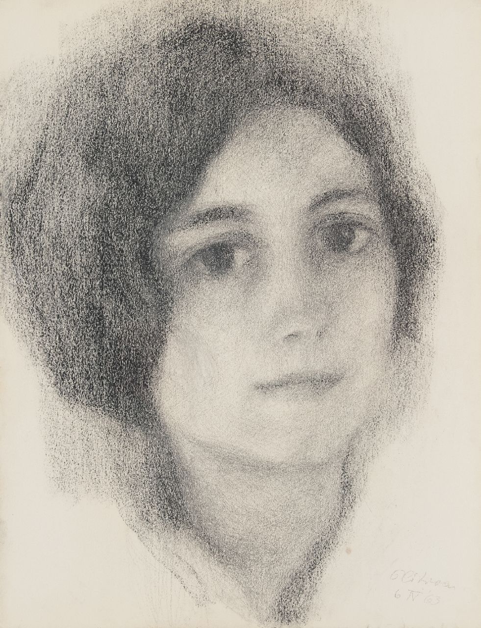 Citroen R.P.  | Roelof 'Paul' Citroen | Aquarellen en tekeningen te koop aangeboden | Portret van een jonge vrouw, zwart krijt op papier 64,9 x 45,9 cm, gesigneerd rechtsonder en gedateerd 6 IV '63