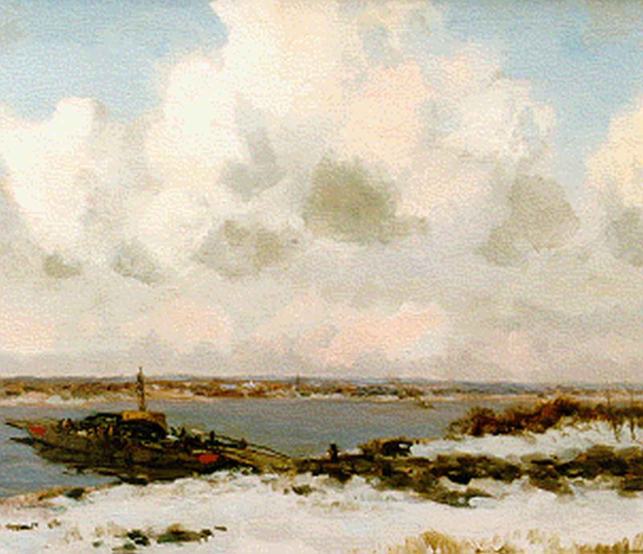 Jansen W.G.F.  | 'Willem' George Frederik Jansen, Overzetveer in de winter, olieverf op doek 60,5 x 90,5 cm, gesigneerd linksboven