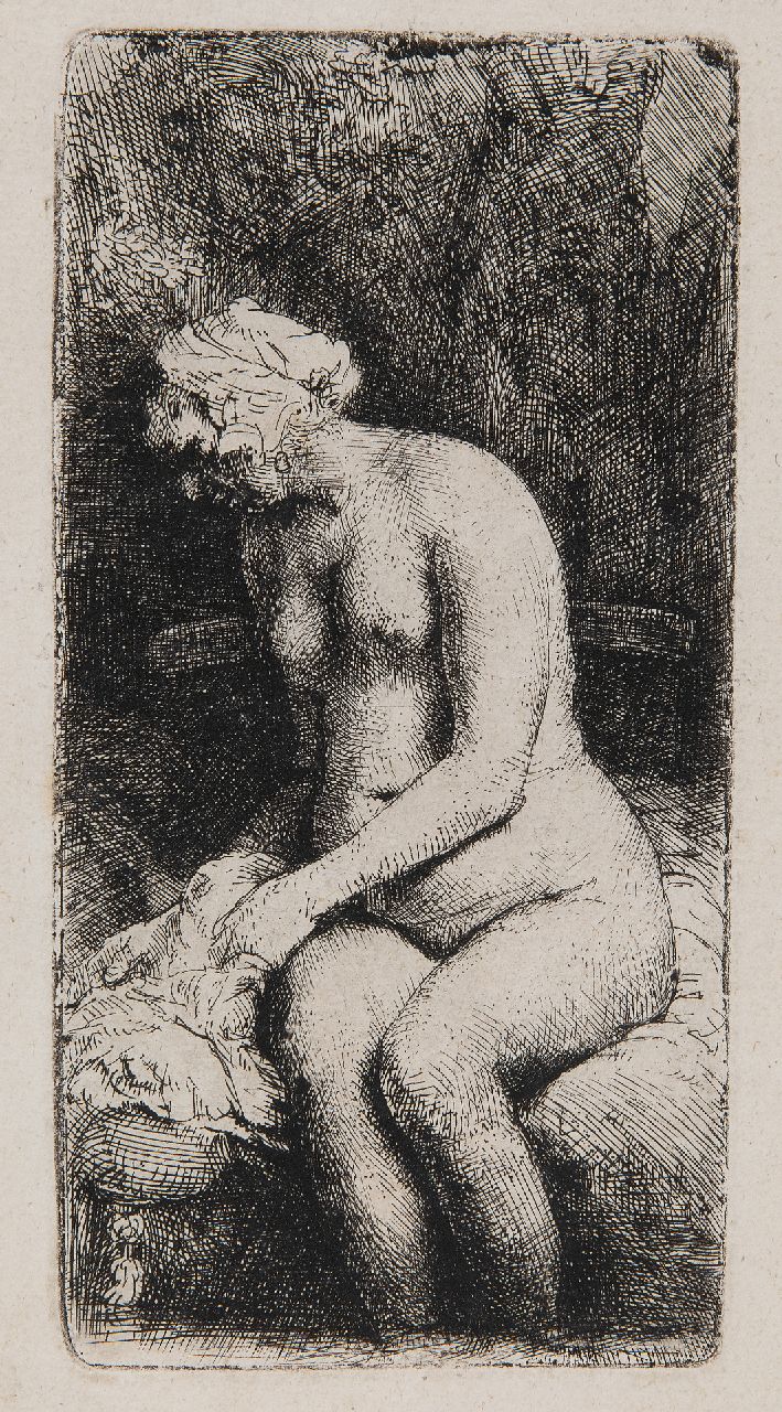 Rembrandt (Rembrandt Harmensz. van Rijn)   | Rembrandt (Rembrandt Harmensz. van Rijn), Vrouw haar voeten badend in een beek, ets 16,1 x 8,1 cm, gesigneerd linksboven (in de plaat) en gedateerd 1658 (in de plaat)