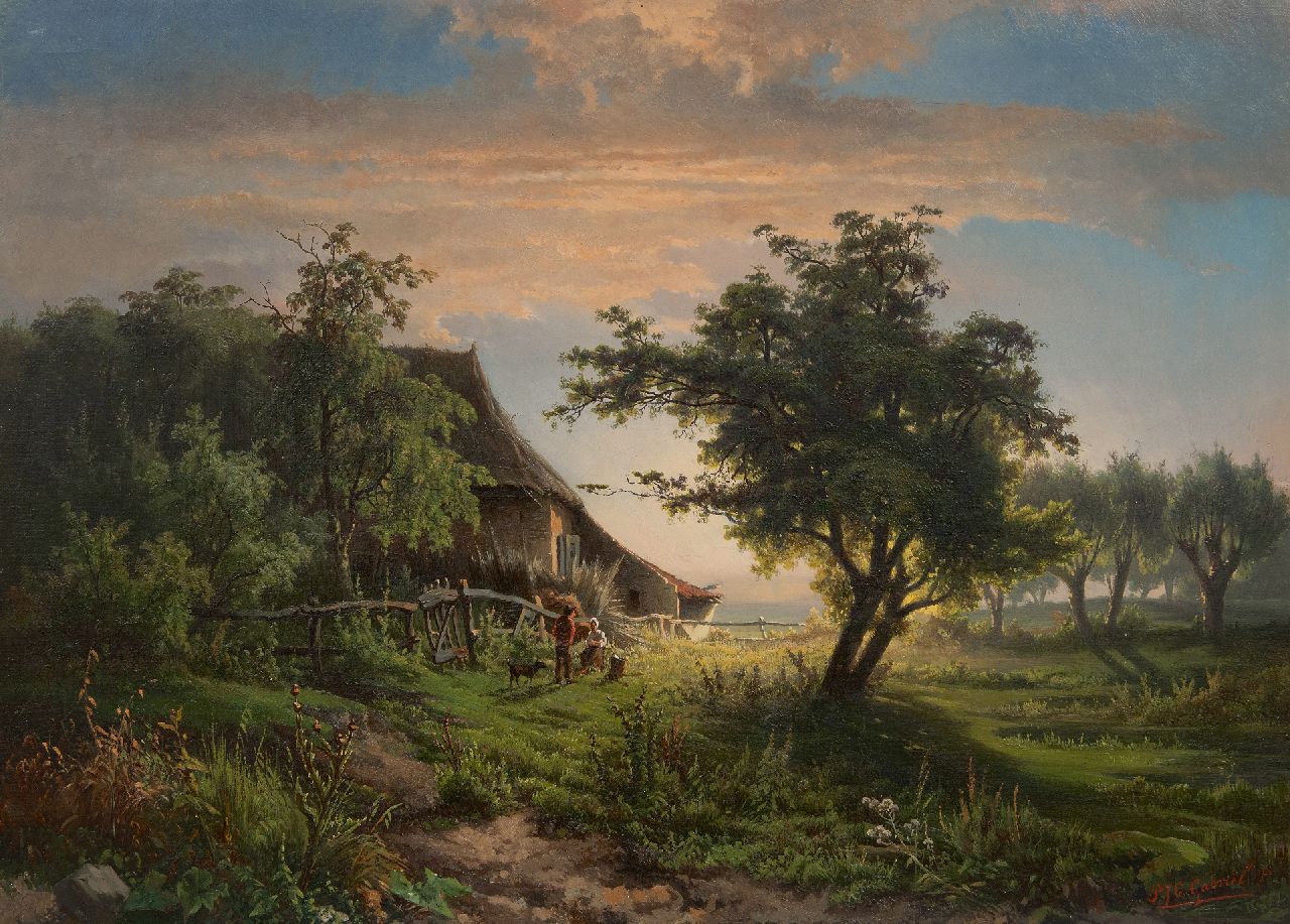 Gabriel P.J.C.  | Paul Joseph Constantin 'Constan(t)' Gabriel, Landschap met boerderij bij zonsondergang, olieverf op doek 45,5 x 63,0 cm, gesigneerd rechtsonder en te dateren ca. 1855