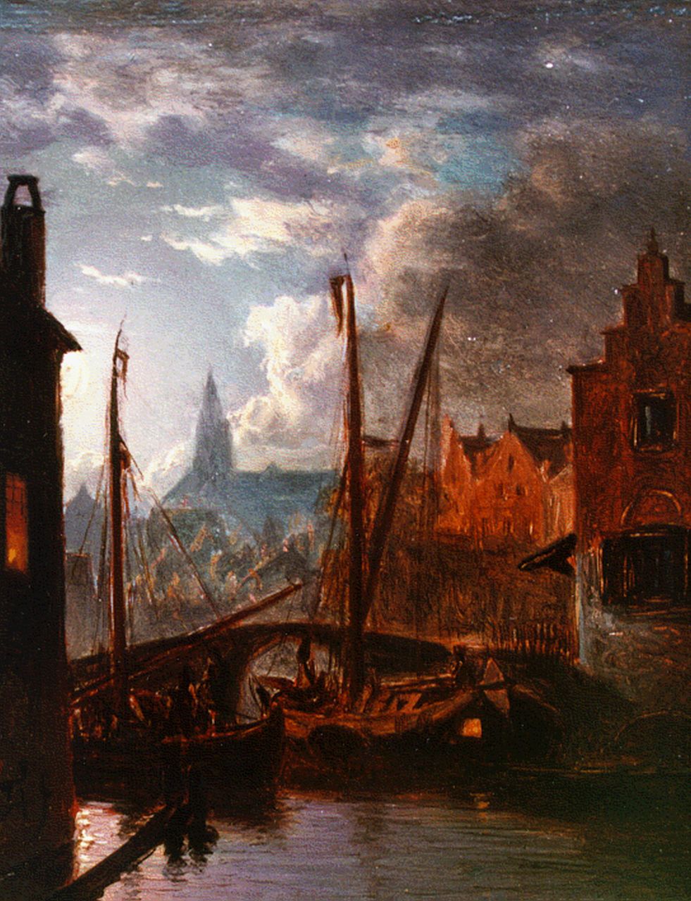 Abels J.Th.  | 'Jacobus' Theodorus Abels, Aangemeerde zeilboten bij maanlicht, olieverf op paneel 9,2 x 7,7 cm, gesigneerd rechtsonder initialen