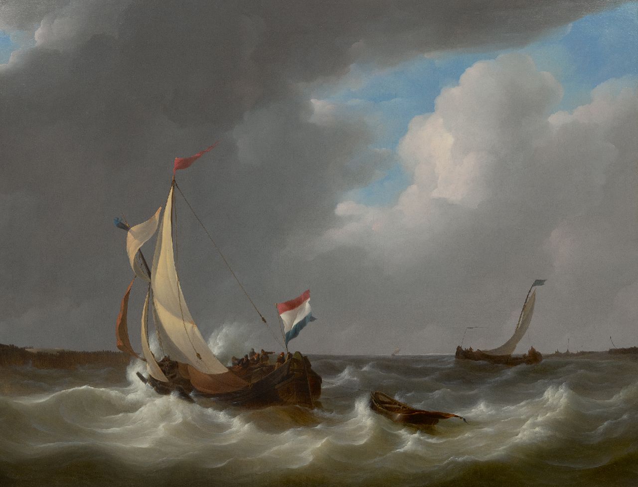 Schotel J.C.  | Johannes Christianus Schotel, Hollandse tjalk op ruwe zee, olieverf op doek 71,4 x 93,3 cm, gesigneerd linksonder en gedateerd 1829