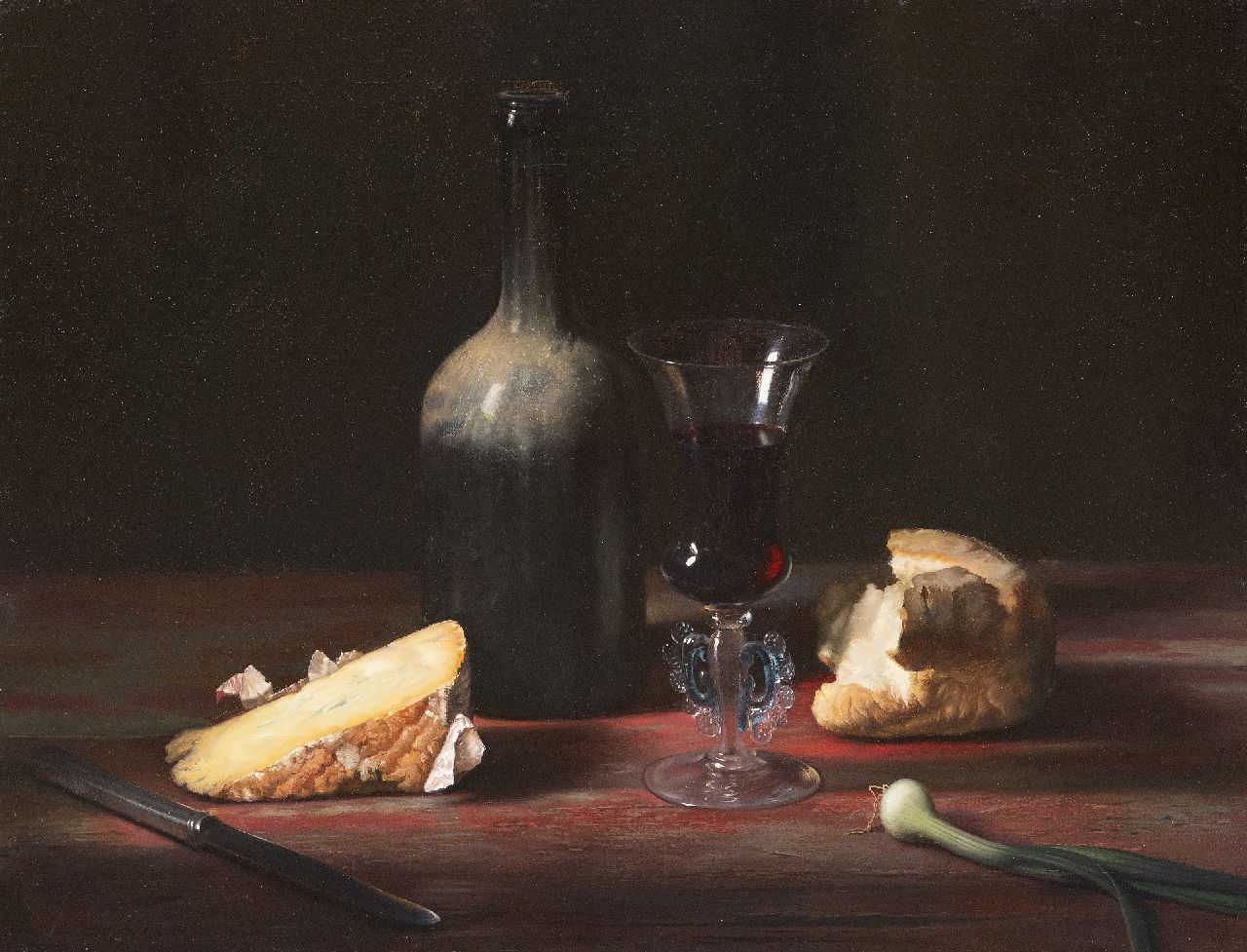 Eversen J.H.  | Johannes Hendrik 'Jan' Eversen | Schilderijen te koop aangeboden | Stilleven met een glas port en blauwe kaas, olieverf op doek 41,0 x 51,0 cm, gesigneerd linksonder en gedateerd 1958