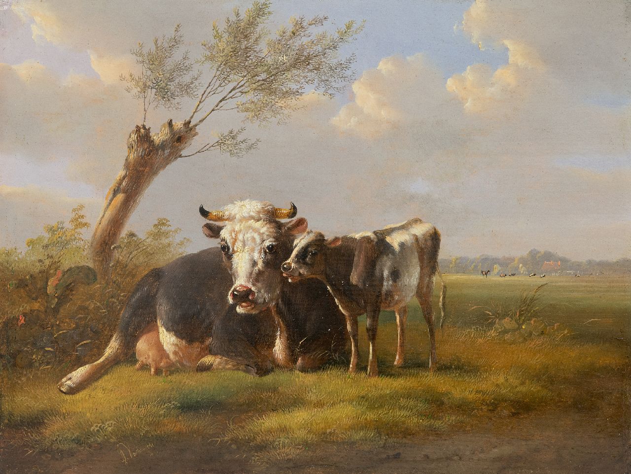 Verhoesen A.  | Albertus Verhoesen | Schilderijen te koop aangeboden | Koe en haar kalf in een weidelandschap, olieverf op paneel 23,0 x 29,8 cm, gesigneerd linksonder en gedateerd 1853