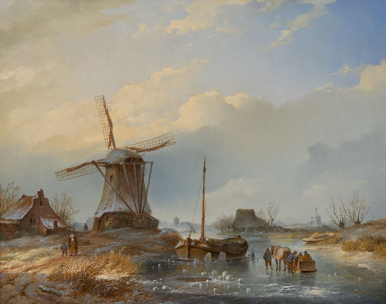 Hilverdink J.  | Johannes Hilverdink | Schilderijen te koop aangeboden | Winterlandschap met figuren op het ijs bij een molen, olieverf op doek 40,0 x 50,5 cm, gesigneerd linksonder en gedateerd 1842
