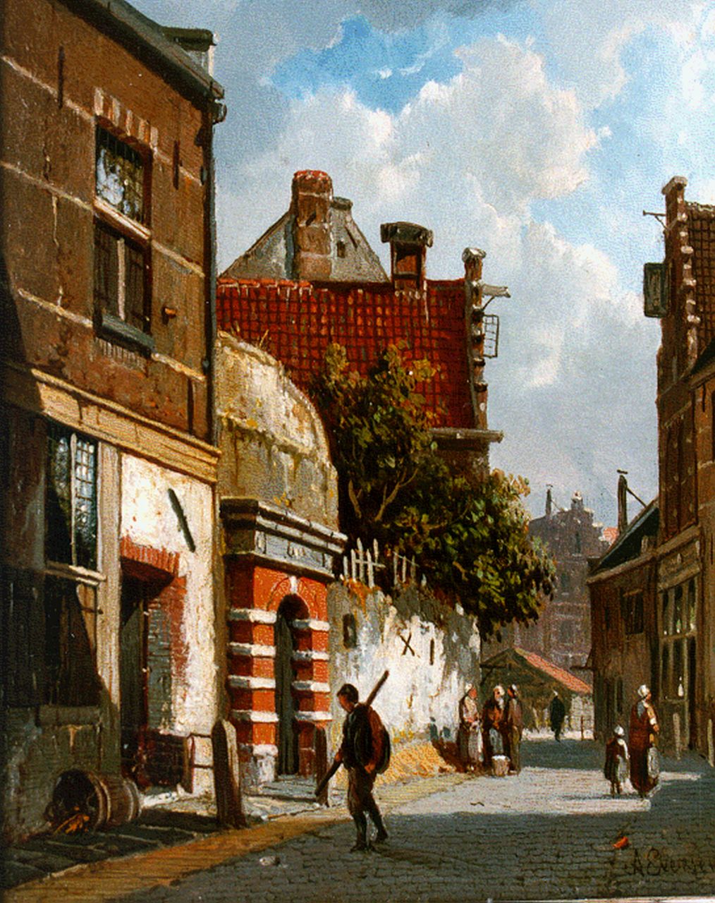 Eversen A.  | Adrianus Eversen, Zonnig straatje, olieverf op paneel 19,0 x 15,1 cm, gesigneerd rechtsonder