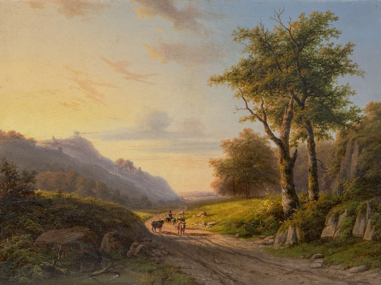 Vijver W.S.P. van der | Willem Simon Petrus van der Vijver | Schilderijen te koop aangeboden | Heuvellandschap met herder in de namiddag   (alleen tezamen met pendant), olieverf op doek 39,6 x 52,5 cm, gesigneerd rechtsonder en gedateerd 1851