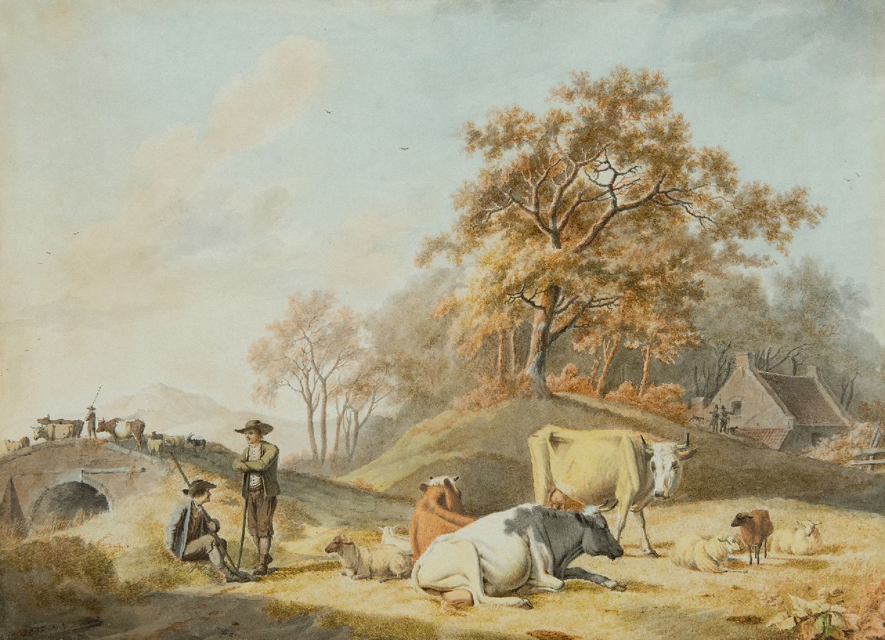 Koekkoek B.C.  | Barend Cornelis Koekkoek | Aquarellen en tekeningen te koop aangeboden | Arcadisch landschap met herders en vee, inkt en aquarel op papier 26,7 x 37,5 cm, gesigneerd linksonder en te dateren ca. 1824