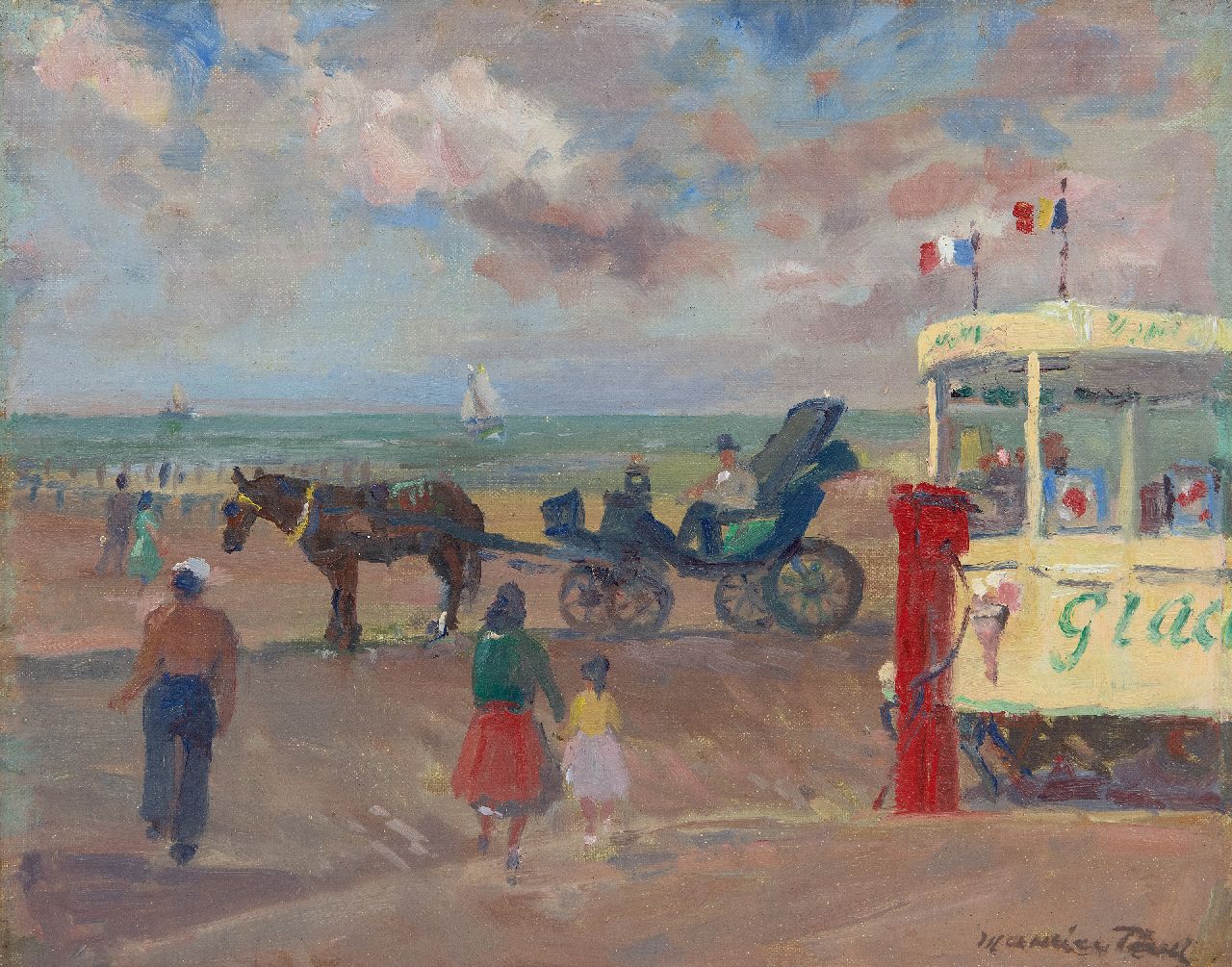 Paul M.  | Maurice Paul | Schilderijen te koop aangeboden | IJscokar aan het strand, olieverf op doek op board 28,2 x 36,1 cm, gesigneerd rechtsonder