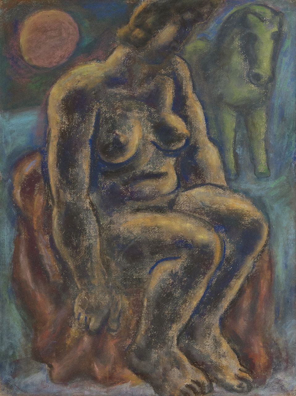 Gestel L.  | Leendert 'Leo' Gestel | Aquarellen en tekeningen te koop aangeboden | Zittende vrouw met paard, pastel op papier 63,0 x 48,0 cm, gesigneerd linksonder (resten) en gedateerd 1932 (vaag)