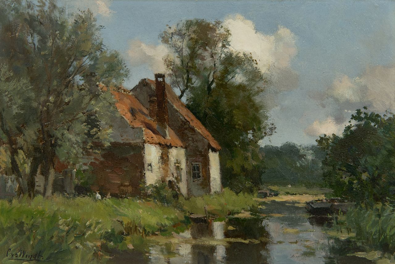 Windt Ch. van der | Christophe 'Chris' van der Windt, Boerderijtje aan het water, olieverf op papier op paneel 20,7 x 30,6 cm, gesigneerd linksonder