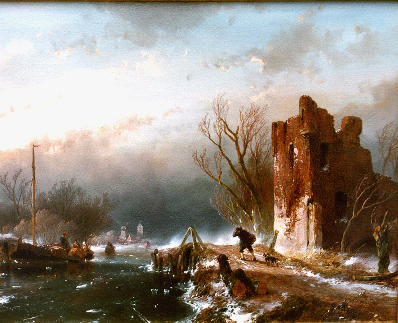 Schelfhout A.  | Andreas Schelfhout, Winterse storm bij vaart met ruïne, olieverf op paneel 23,2 x 28,9 cm, gesigneerd rechtsonder en gedateerd '56