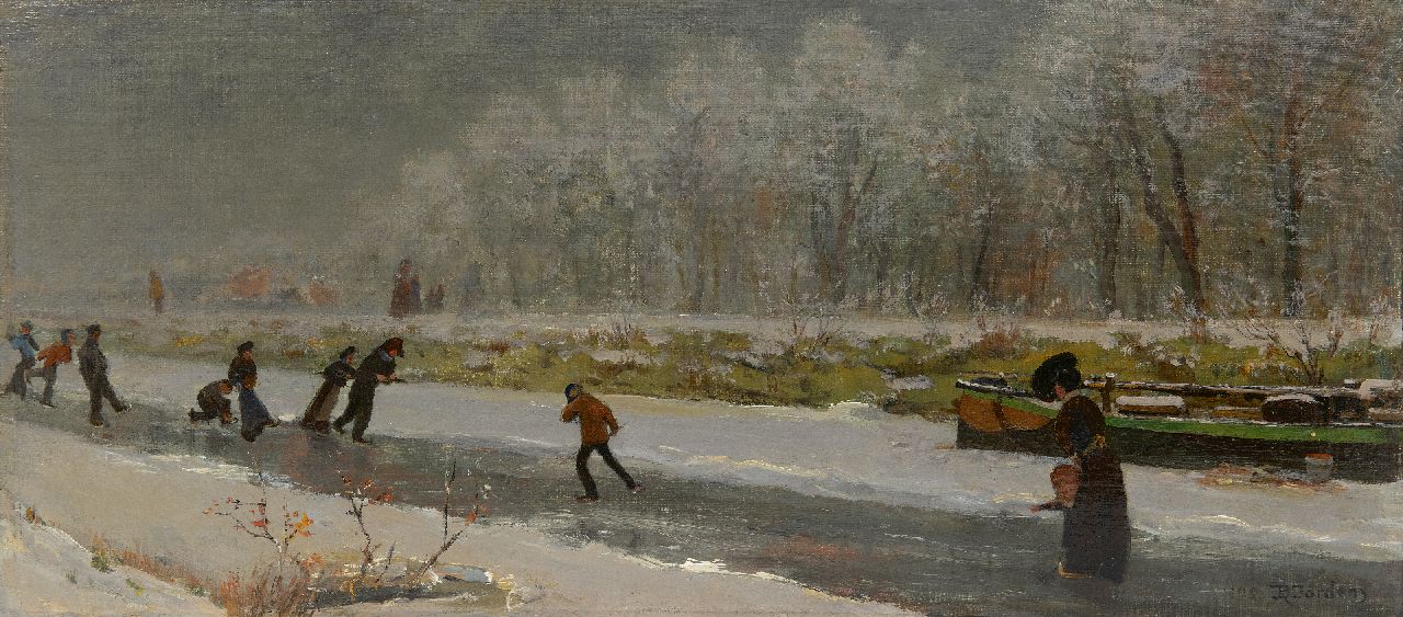 Jordens D.  | Daniël Jordens | Schilderijen te koop aangeboden | Zwierende schaatsers op een vaart, olieverf op doek op board 27,3 x 59,8 cm, gesigneerd rechtsonder en gedateerd 1909