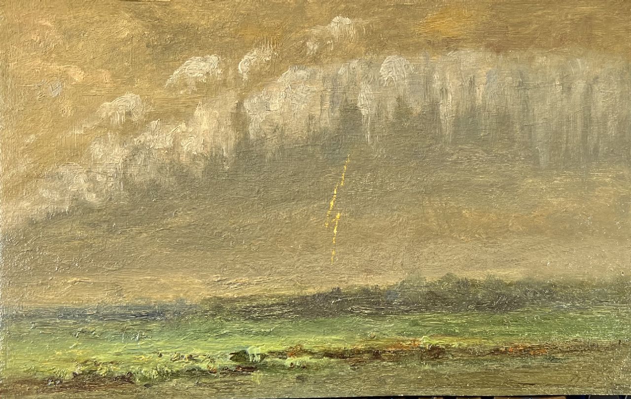 Europese School, 19e eeuw | Onweer boven een weidelandschap, olieverf op schildersboard, 20,4 x 31,8 cm, gesigneerd r.o. (vaag)