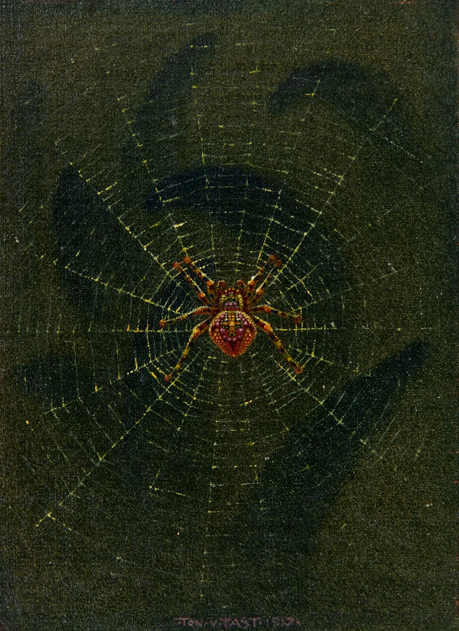 Tast (Anton van der Valk)  van | Ton van Tast (Anton van der Valk) | Schilderijen te koop aangeboden | Spin in web, olieverf op doek op paneel 17,5 x 13,0 cm, gesigneerd middenonder en gedateerd 1917
