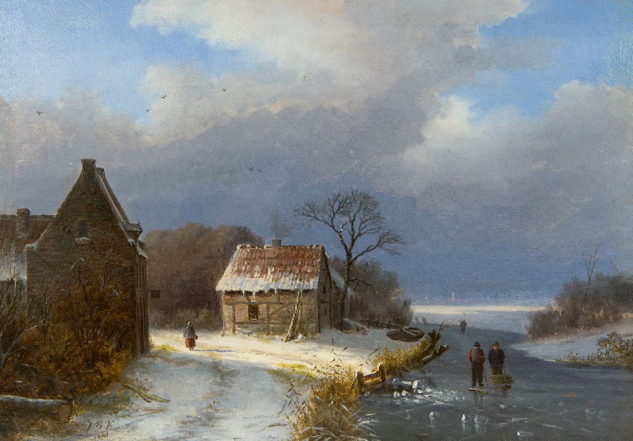 Klombeck J.B.  | Johann Bernard Klombeck | Schilderijen te koop aangeboden | Winters landschap met schaatsers en houtsprokkelaar, olieverf op paneel 22,9 x 31,3 cm, gesigneerd linksonder met initialen en gedateerd 1841