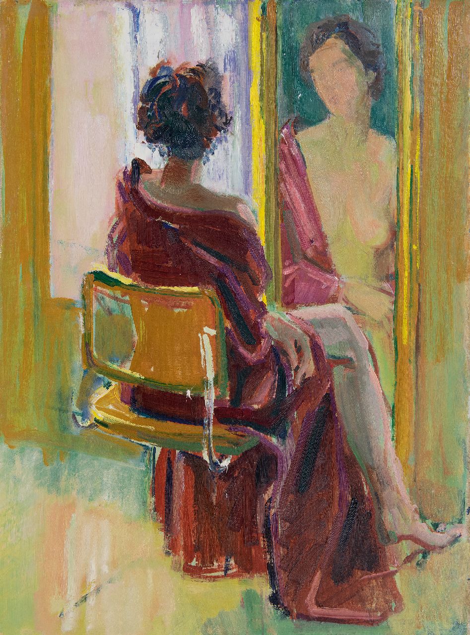 Baan J.L. van der | 'Jan' Lucas van der Baan | Schilderijen te koop aangeboden | Naakt, zittend voor een spiegel, olieverf op doek 80,4 x 60,5 cm, zonder lijst