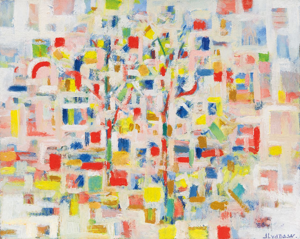 Baan J.L. van der | 'Jan' Lucas van der Baan, Abstractie van boom, olieverf op doek 40,3 x 50,0 cm, gesigneerd rechtsonder en gedateerd '80