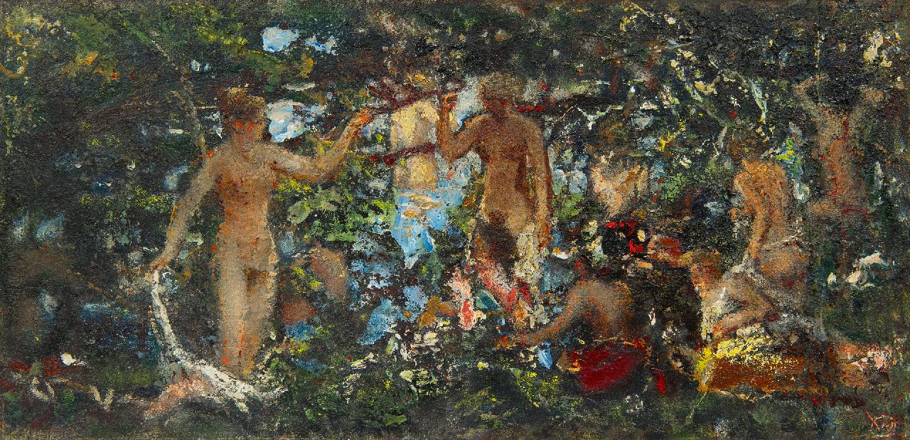 Westermann G.B.J.  | Gerhardus Bernardus Josephus 'Gerard' Westermann, Baadsters, olieverf op paneel 25,4 x 51,6 cm, gesigneerd rechtsonder met monogram en verso gedateerd 1950