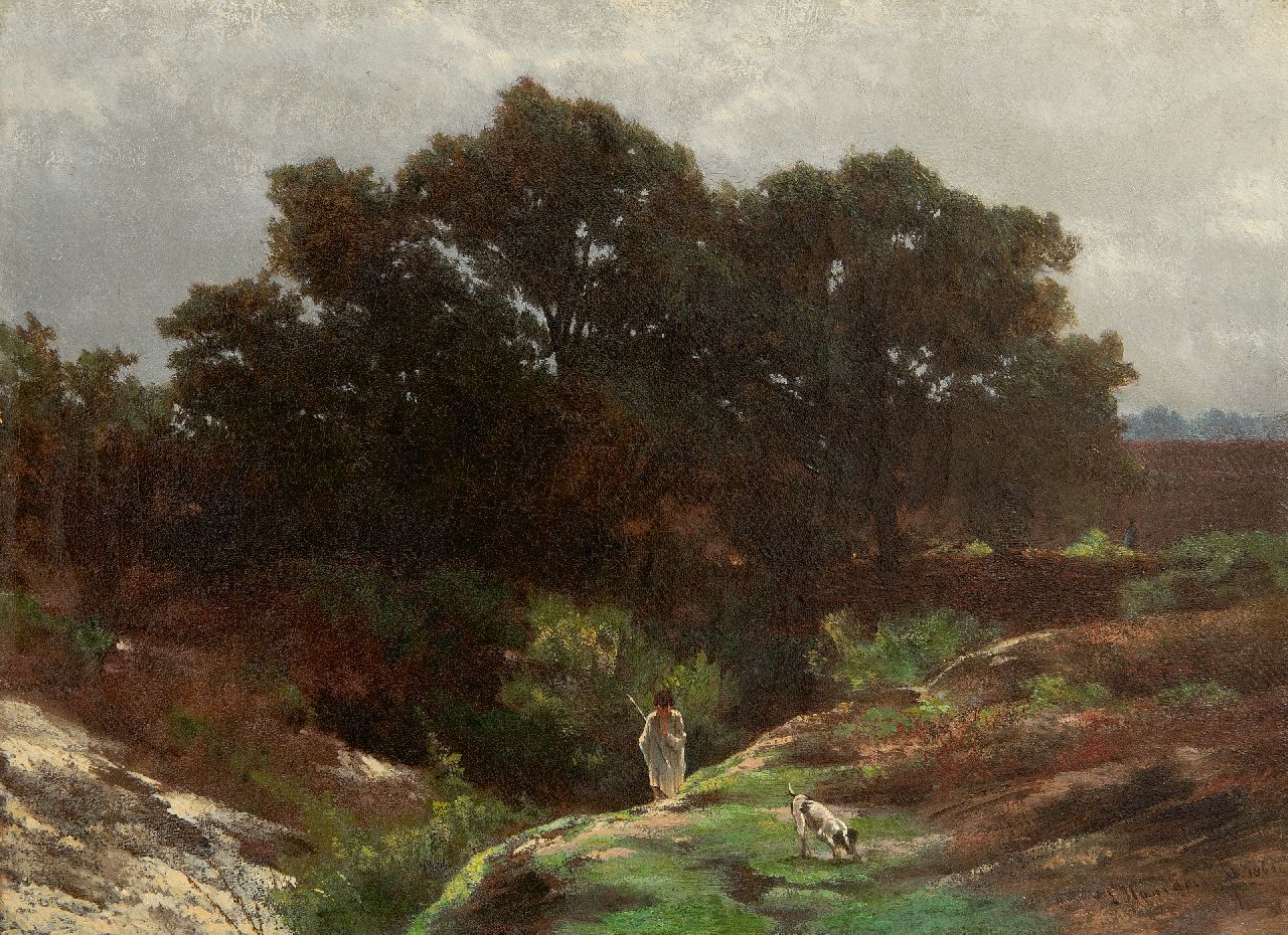 Louwrens Hanedoes | Herdersjongen met zijn hond in een heidelandschap, olieverf op doek, 25,4 x 34,2 cm, gesigneerd r.o. en verso met naamstempel en gedateerd 1863