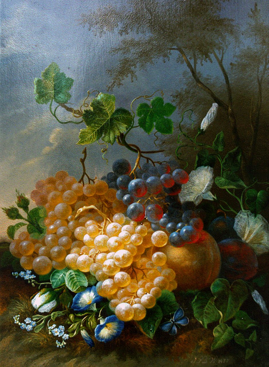 Jan van der Waarden | Stilleven met druiven, perziken en kelkbloemen, olieverf op paneel, 34,6 x 26,7 cm, gesigneerd r.o. initialen en gedateerd 1857