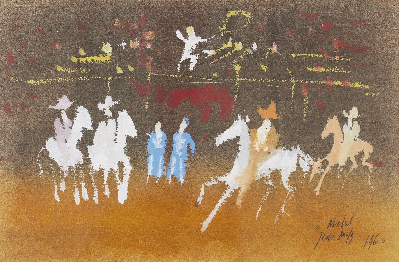 Dufy J.  | Jean Dufy | Aquarellen en tekeningen te koop aangeboden | Parade mexicaine, gouache op papier 13,7 x 20,5 cm, gesigneerd rechtsonder en gedateerd 1960