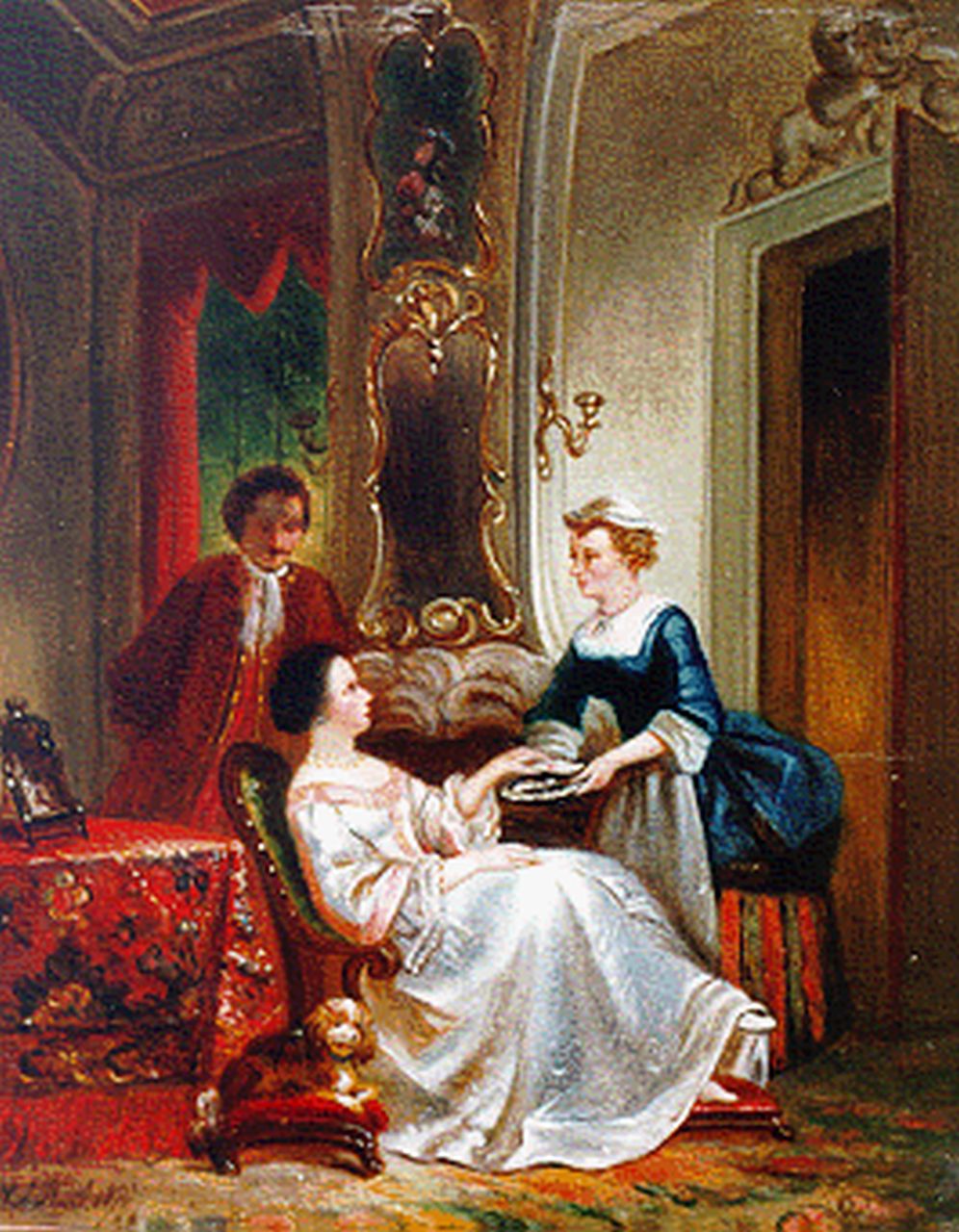 Reijntjens H.E.  | Henricus Engelbertus Reijntjens, Het binnenbrengen van de post (toegeschreven), olieverf op paneel 17,8 x 14,2 cm, gesigneerd linksonder monogram en gedateerd 1880