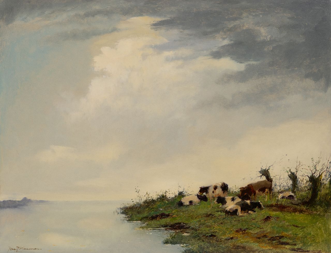 Koeman J.J.  | Jacobus Jan 'Jac. J.' Koeman | Schilderijen te koop aangeboden | Koeien aan de rivieroever, olieverf op board 61,4 x 81,4 cm, gesigneerd linksonder
