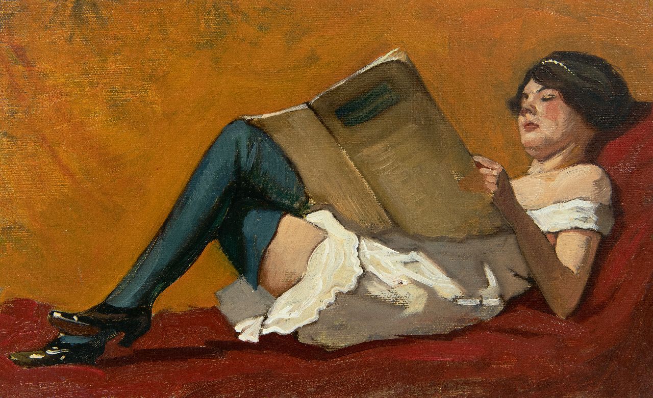 Houbolt E.  | 'Eduard' Johannes Fredericus Houbolt, Lezend meisje op een divan, olieverf op doek op paneel 18,8 x 29,9 cm