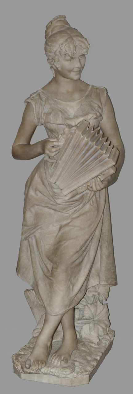 Andrei Cambi | De accordeoniste (alleen samen met 15881 'Landmeisje'), marmer, 132,0 x 54,0 cm, gesigneerd op achterzijde en gedateerd 'Firenze 1891'