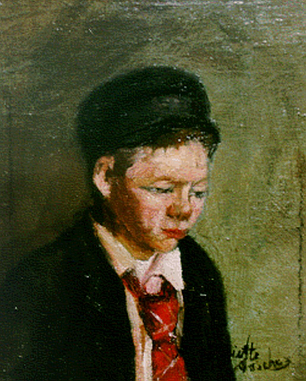 Asscher H.  | 'Henriëtte' Sophia  Asscher, Portret van jongetje met das en hoed, olieverf op doek op paneel 19,8 x 17,5 cm, gesigneerd rechtsonder