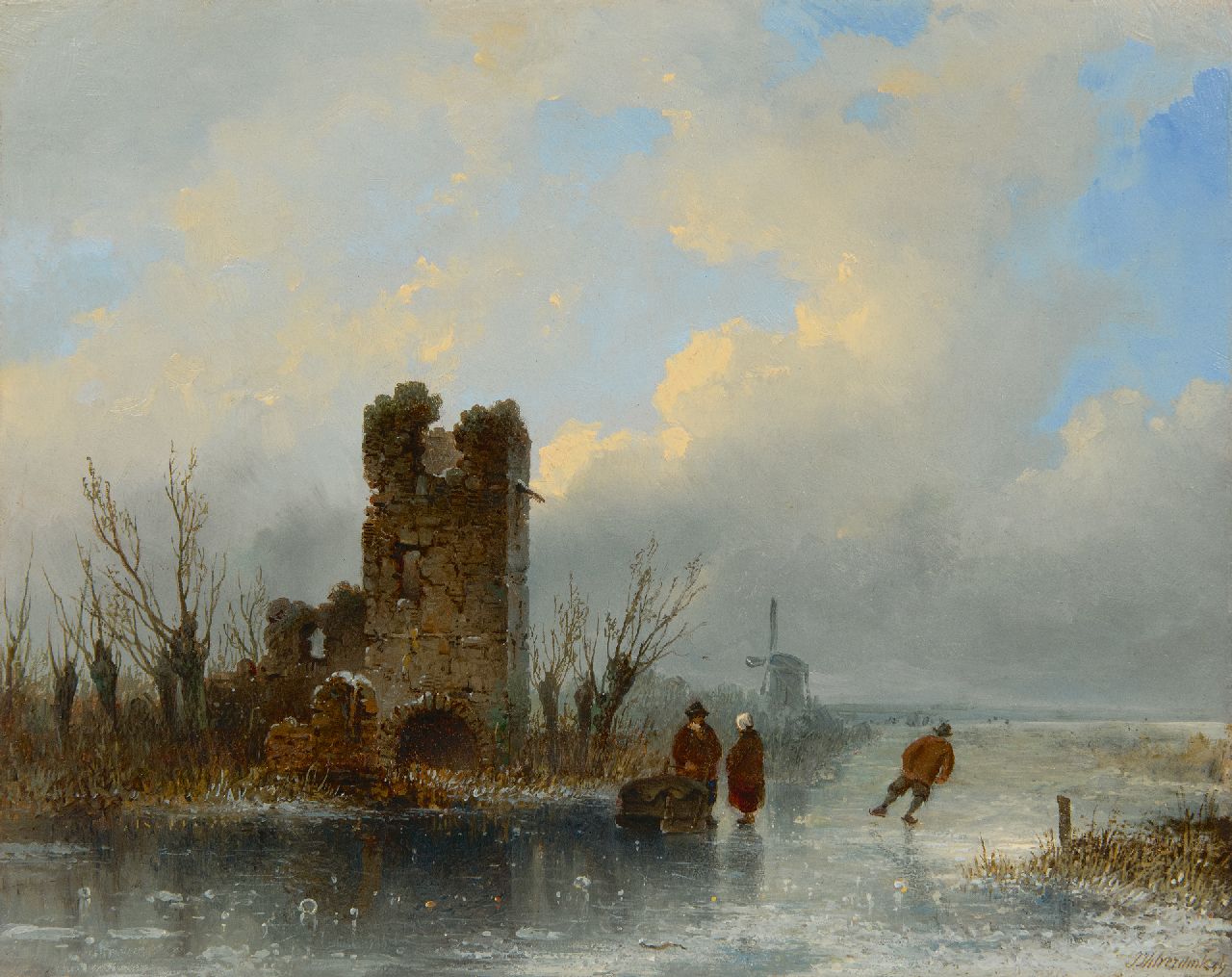 Hilverdink J.  | Johannes Hilverdink | Schilderijen te koop aangeboden | Een winterdag op het ijs, olieverf op paneel 24,7 x 31,3 cm, gesigneerd rechtsonder en gedateerd '49