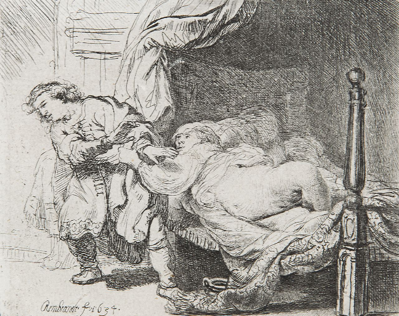 Rembrandt (Rembrandt Harmensz. van Rijn)   | Rembrandt (Rembrandt Harmensz. van Rijn) | Grafiek te koop aangeboden | Jozef en de vrouw van Potifar, ets op papier 9,0 x 11,5 cm, gesigneerd linksonder in de plaat en gedateerd in de plaat 1634