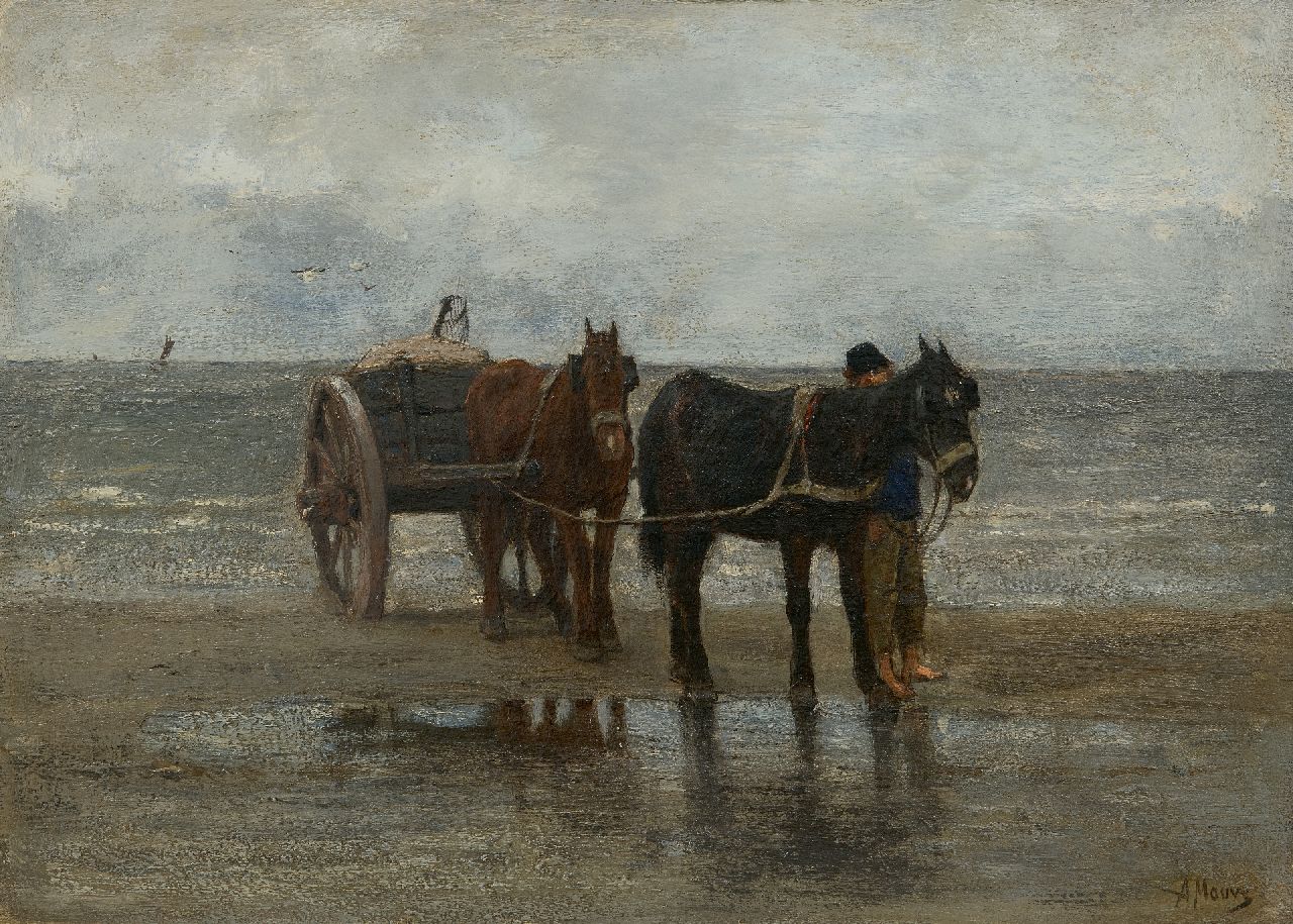 Mauve A.  | Anthonij 'Anton' Mauve | Schilderijen te koop aangeboden | Schelpenvisser op het strand, olieverf op paneel 31,7 x 43,8 cm, gesigneerd rechtsonder
