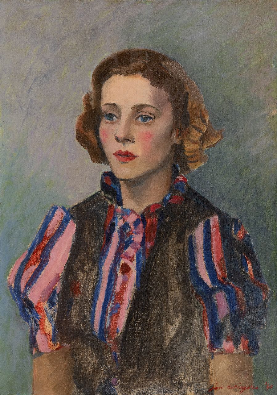 Wiegers J.  | Jan Wiegers | Schilderijen te koop aangeboden | Vrouw in gestreepte blouse, olieverf op doek 65,1 x 46,1 cm, gesigneerd rechtsonder en gedateerd '40