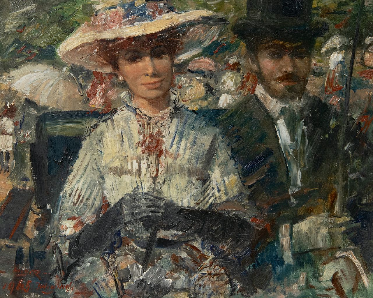 Meyer-Wiegand R.D.  | Rolf Dieter Meyer-Wiegand, Middagrit in het park, olieverf op paneel 24,0 x 30,0 cm, gesigneerd linksonder en gedateerd 1965