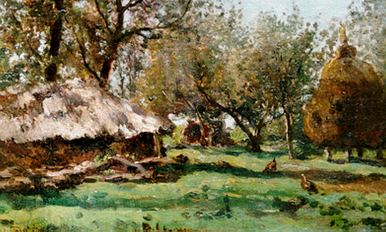 Roelofs W.  | Willem Roelofs, Boerenerf 'Ruurlo', olieverf op doek op paneel 24,3 x 39,5 cm, gesigneerd linksonder
