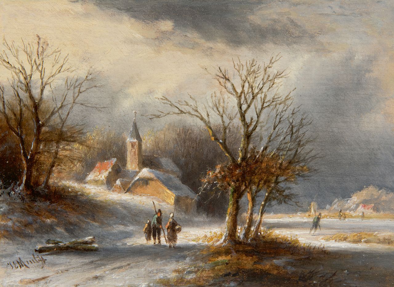 Morel II J.E.  | Jan Evert Morel II | Schilderijen te koop aangeboden | Sneeuwlandschap met schaatsers en wandelaars, olieverf op paneel 16,0 x 21,5 cm, gesigneerd linksonder