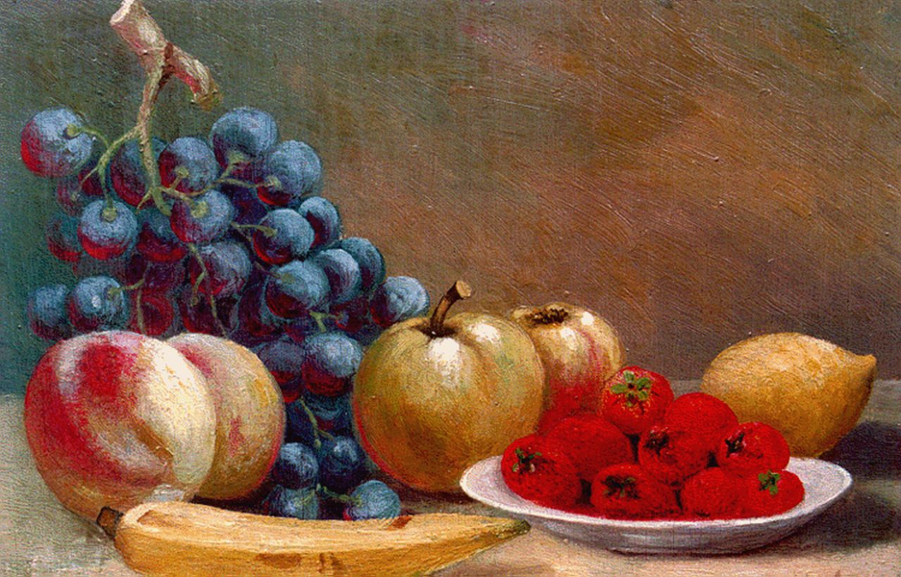 Mulder | Stilleven met vruchten, olieverf op paneel, 19,8 x 28,4 cm, gesigneerd r.o.