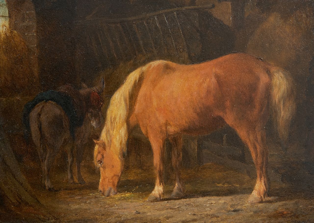 Os P.F. van | Pieter Frederik van Os | Schilderijen te koop aangeboden | Paard en ezel op stal, olieverf op paneel 16,3 x 22,4 cm, gesigneerd linksonder