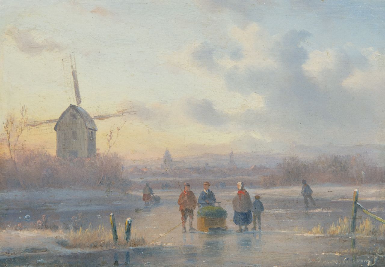 Ahrendts C.E.  | Carl Eduard Ahrendts | Schilderijen te koop aangeboden | Figuren op het ijs bij zonsondergang, olieverf op paneel 14,7 x 21,0 cm