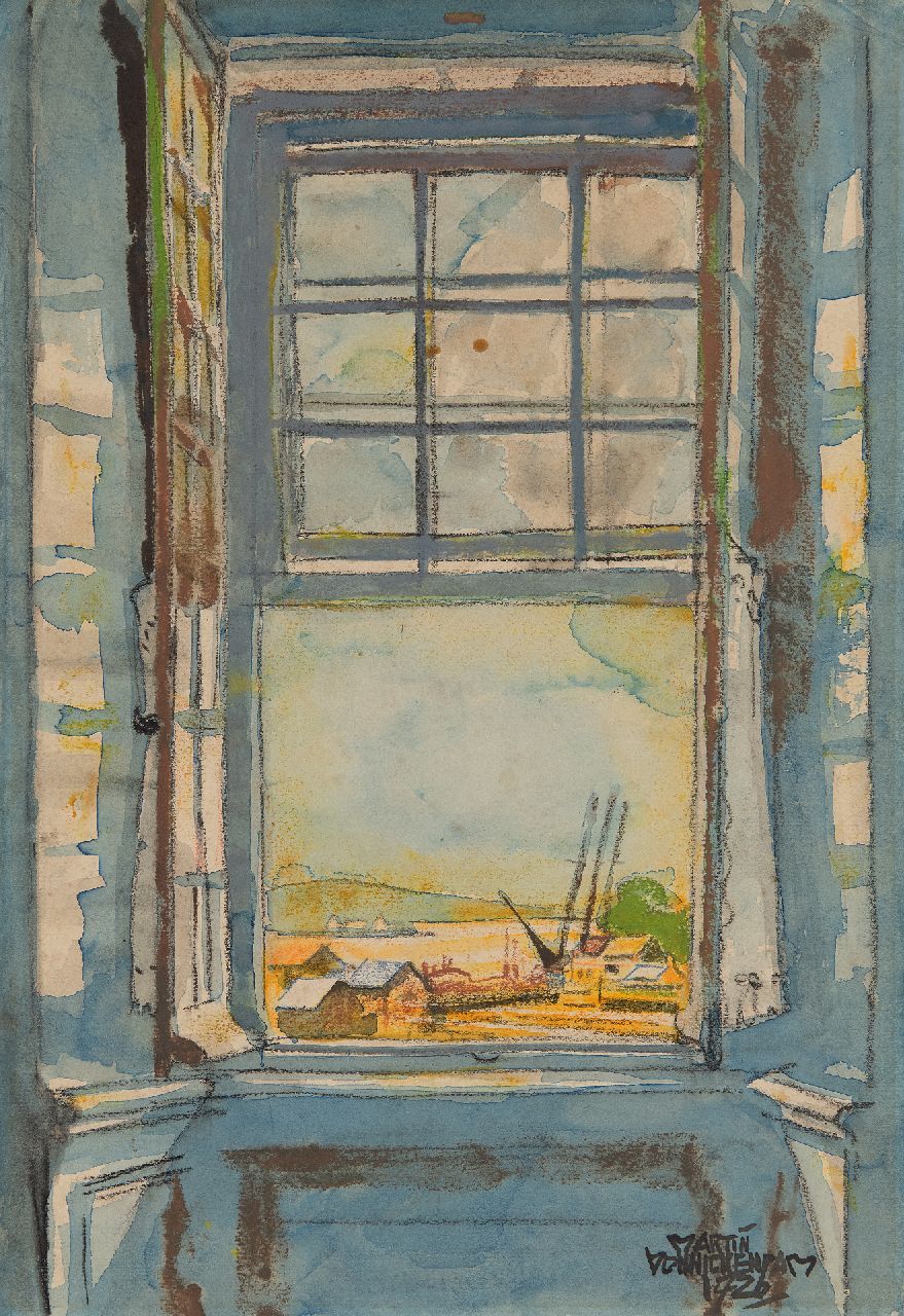 Martin Monnickendam | Uitzicht uit een raam, krijt, inkt en aquarel op papier, 38,3 x 26,3 cm, gesigneerd r.o. en gedateerd 1926