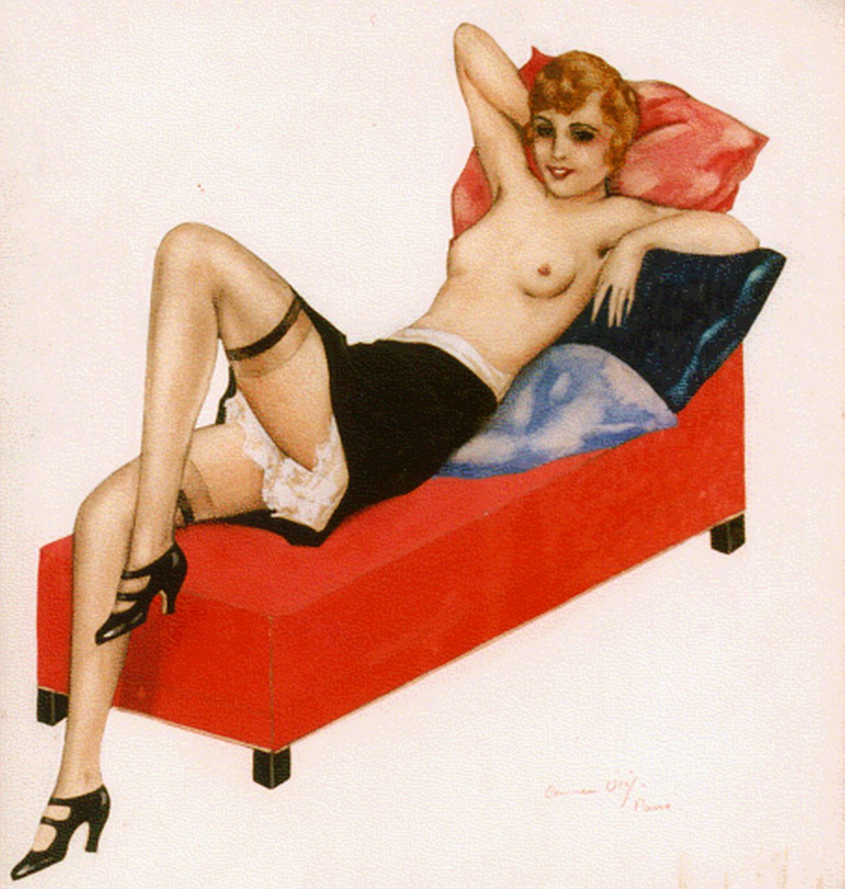 Osef C.  | C. Osef, Vrouw op sofa, Paris, gemengde techniek op papier 26,0 x 24,0 cm, gesigneerd rechtsonder